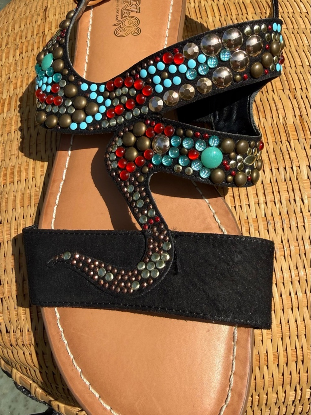 Carlos Santana Women's Sandals Black Turquoise Gold and Red beaded Boho Like New - Picture 5 of 9